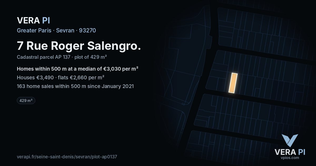 7 Rue Roger Salengro, Sevran at night – the plot lit, the parcels around coloured by the prices near them