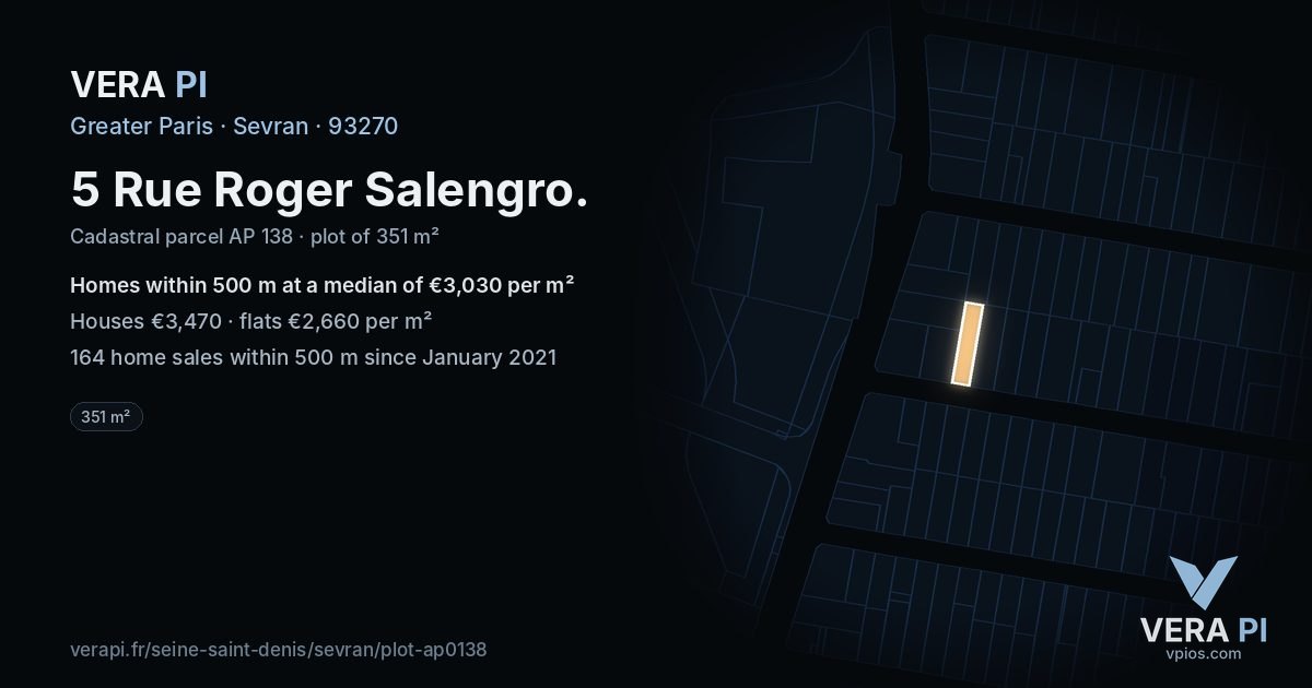 5 Rue Roger Salengro, Sevran at night – the plot lit, the parcels around coloured by the prices near them