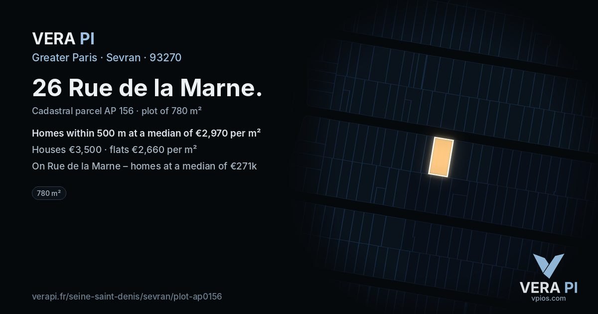 26 Rue de la Marne, Sevran at night – the plot lit, the parcels around coloured by the prices near them