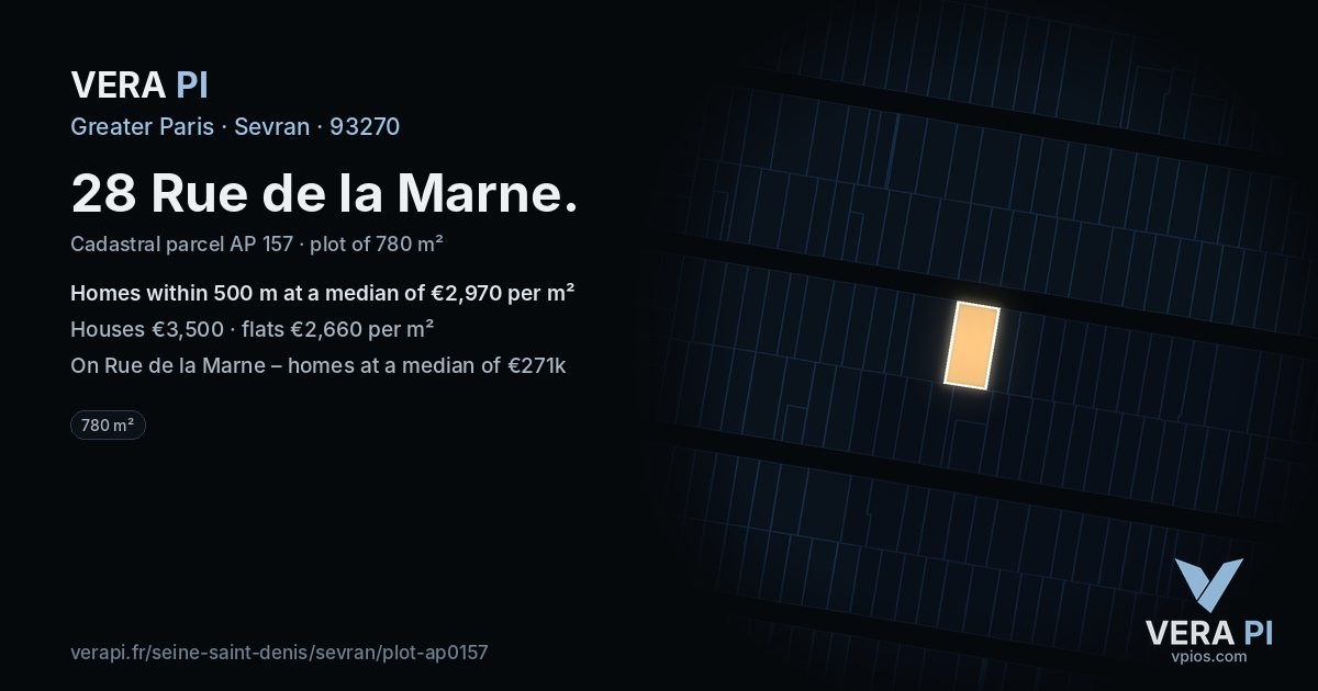 28 Rue de la Marne, Sevran at night – the plot lit, the parcels around coloured by the prices near them