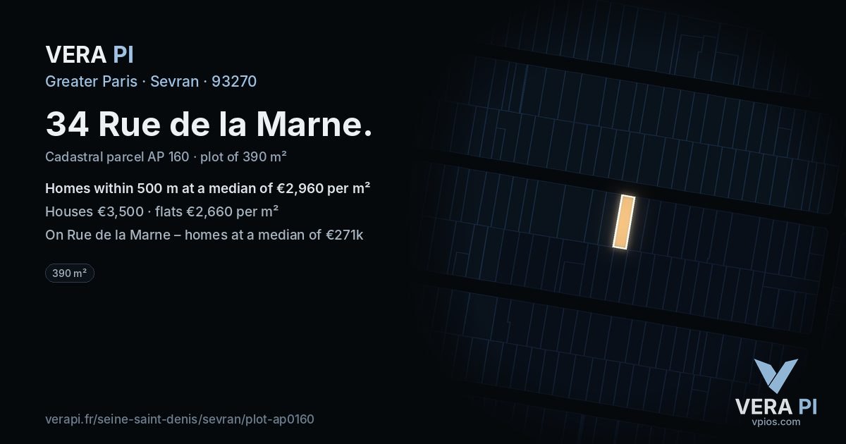 34 Rue de la Marne, Sevran at night – the plot lit, the parcels around coloured by the prices near them
