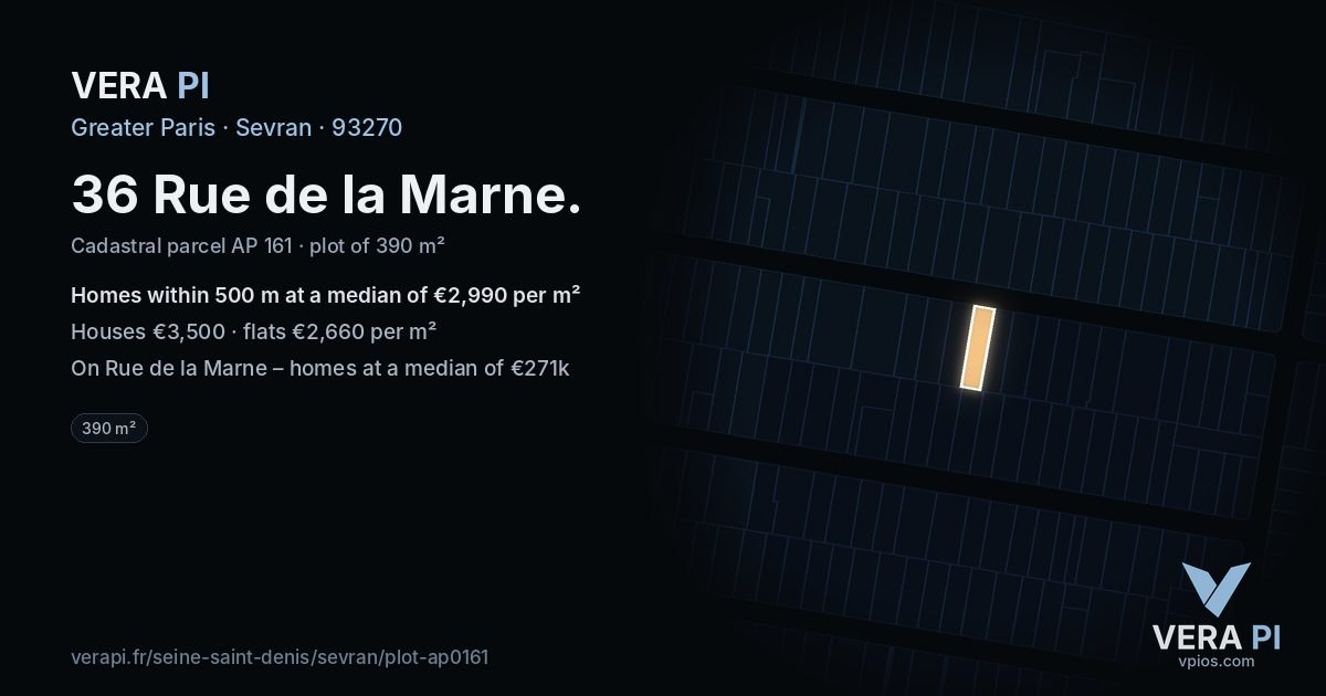 36 Rue de la Marne, Sevran at night – the plot lit, the parcels around coloured by the prices near them