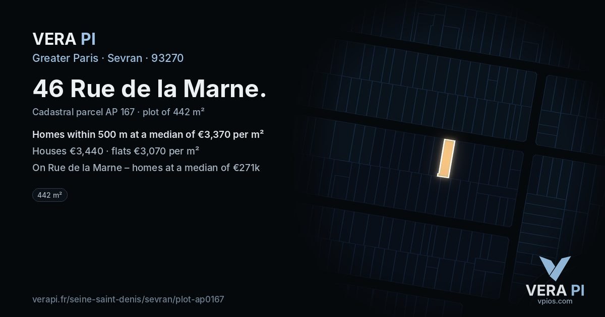 46 Rue de la Marne, Sevran at night – the plot lit, the parcels around coloured by the prices near them