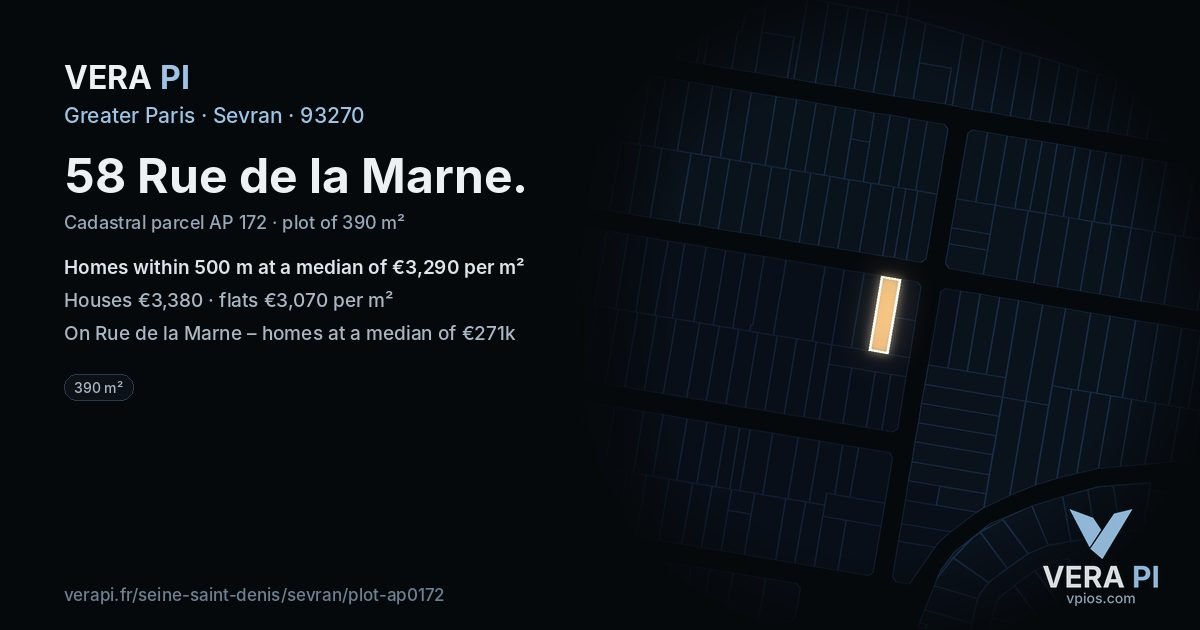 58 Rue de la Marne, Sevran at night – the plot lit, the parcels around coloured by the prices near them