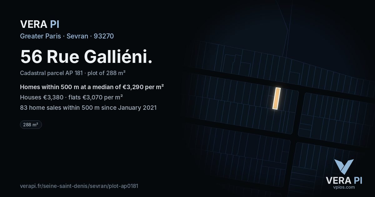 56 Rue Galliéni, Sevran at night – the plot lit, the parcels around coloured by the prices near them