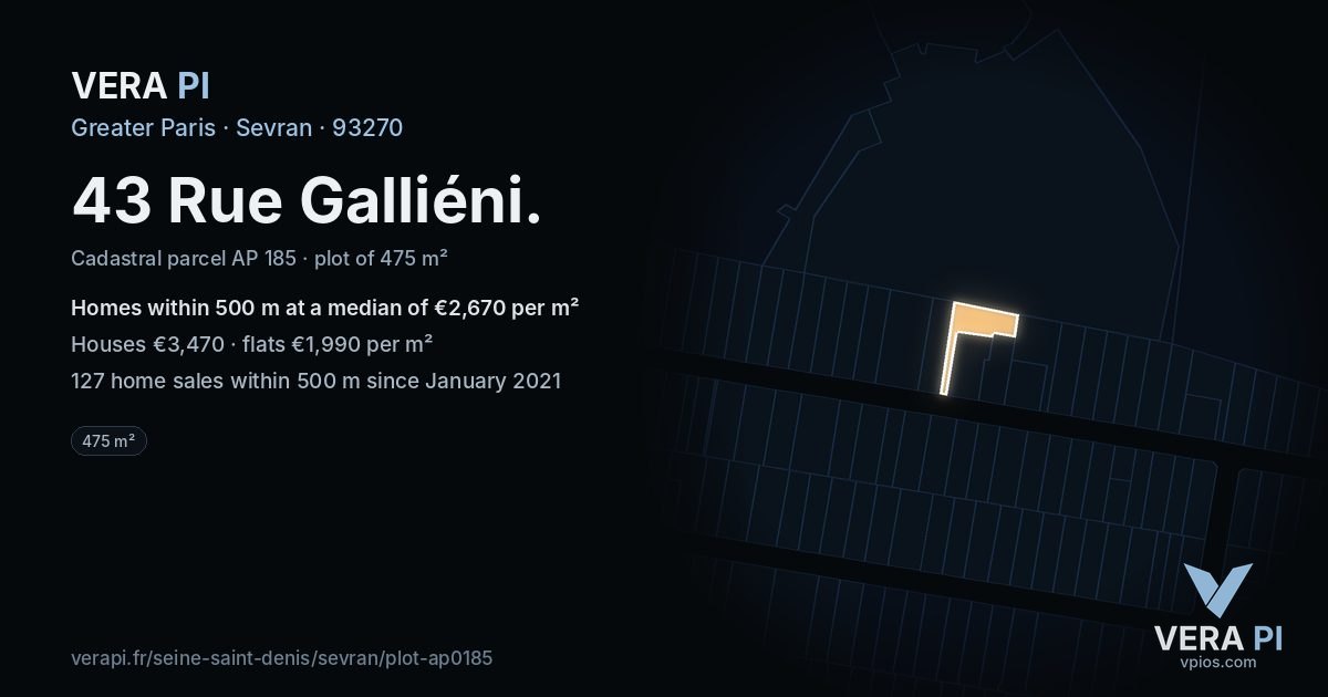 43 Rue Galliéni, Sevran at night – the plot lit, the parcels around coloured by the prices near them