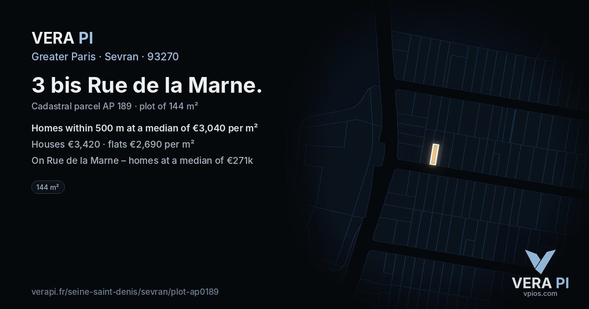 3 bis Rue de la Marne, Sevran at night – the plot lit, the parcels around coloured by the prices near them