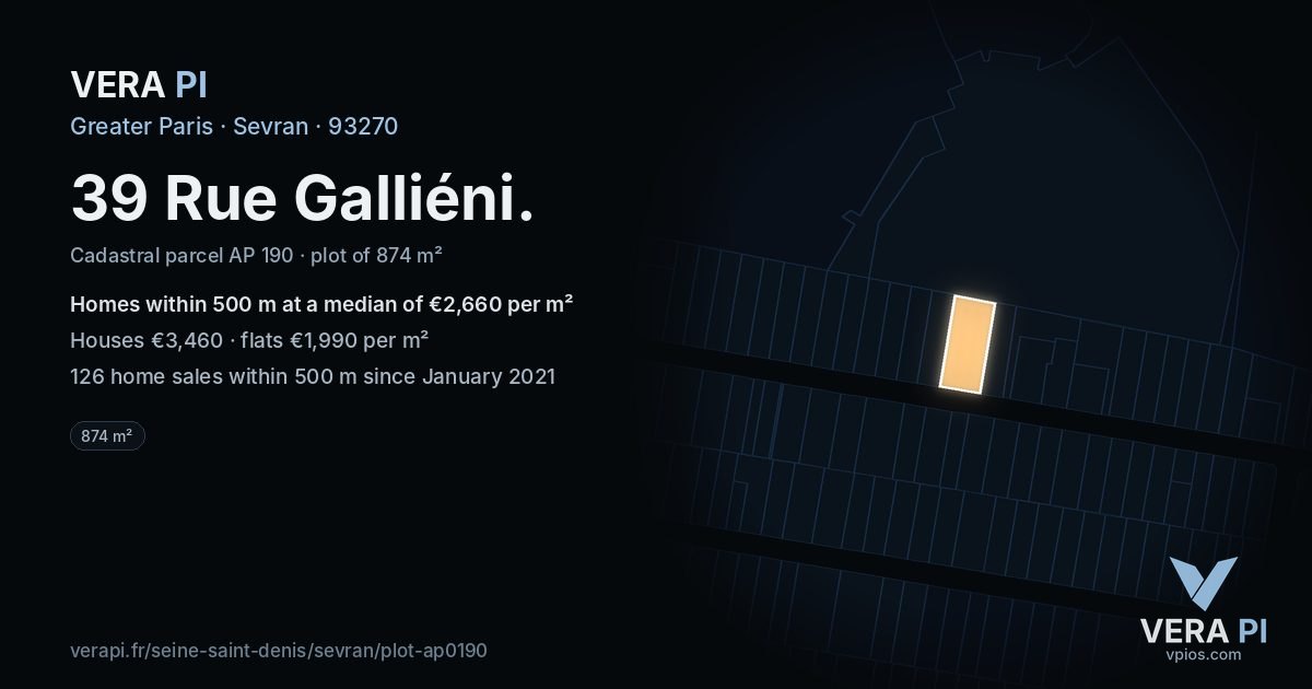 39 Rue Galliéni, Sevran at night – the plot lit, the parcels around coloured by the prices near them