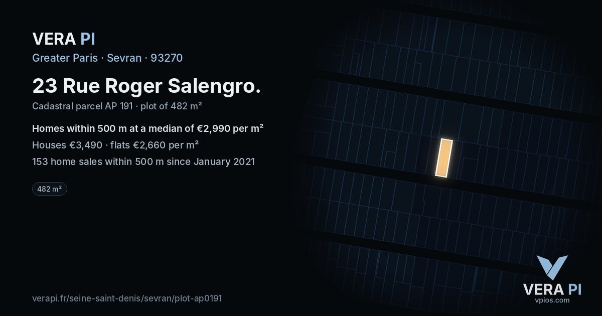 23 Rue Roger Salengro, Sevran at night – the plot lit, the parcels around coloured by the prices near them