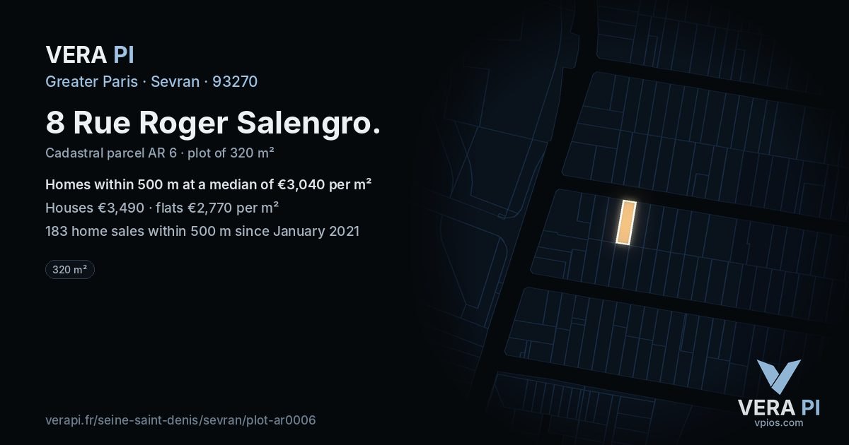 8 Rue Roger Salengro, Sevran at night – the plot lit, the parcels around coloured by the prices near them