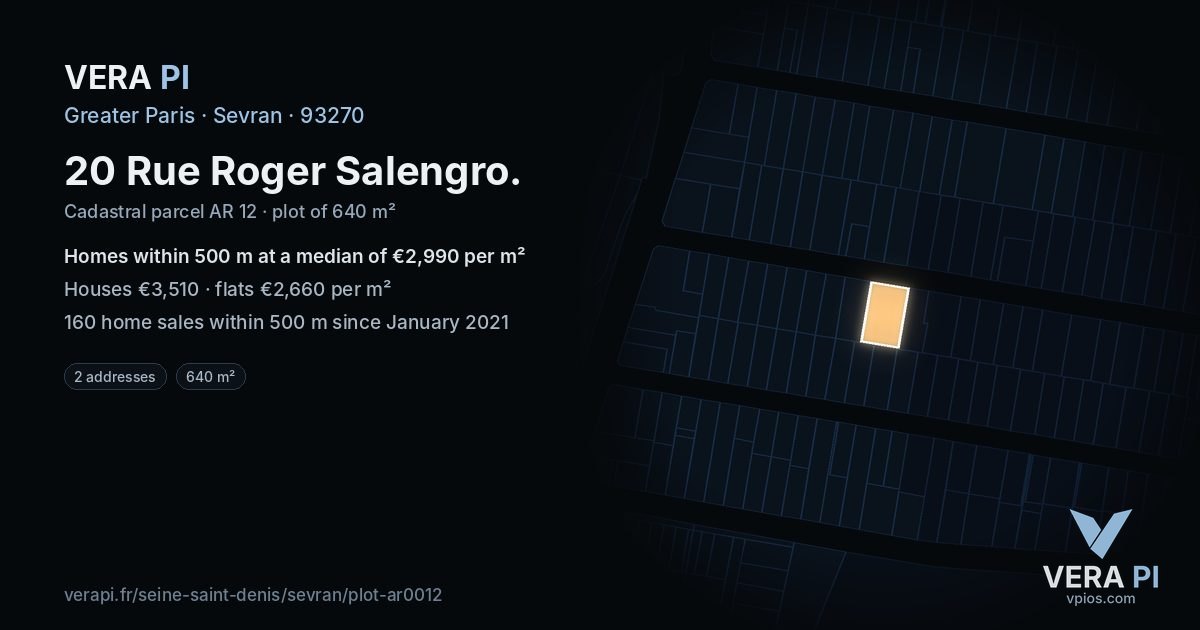 20 Rue Roger Salengro, Sevran at night – the plot lit, the parcels around coloured by the prices near them
