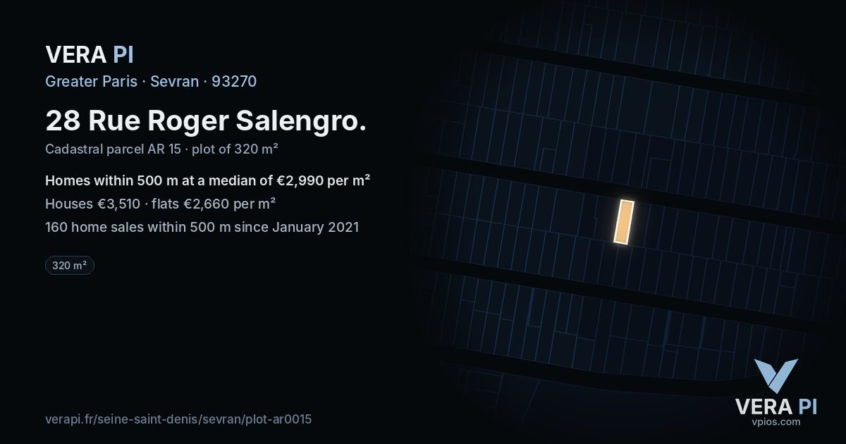 28 Rue Roger Salengro, Sevran at night – the plot lit, the parcels around coloured by the prices near them