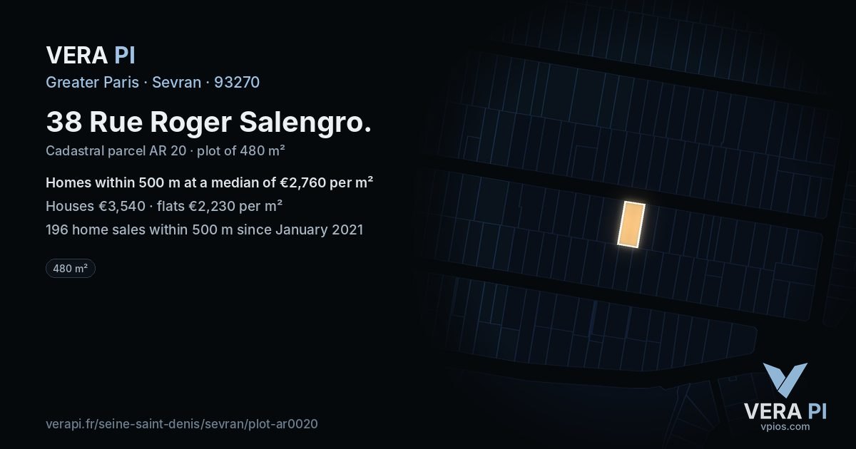 38 Rue Roger Salengro, Sevran at night – the plot lit, the parcels around coloured by the prices near them