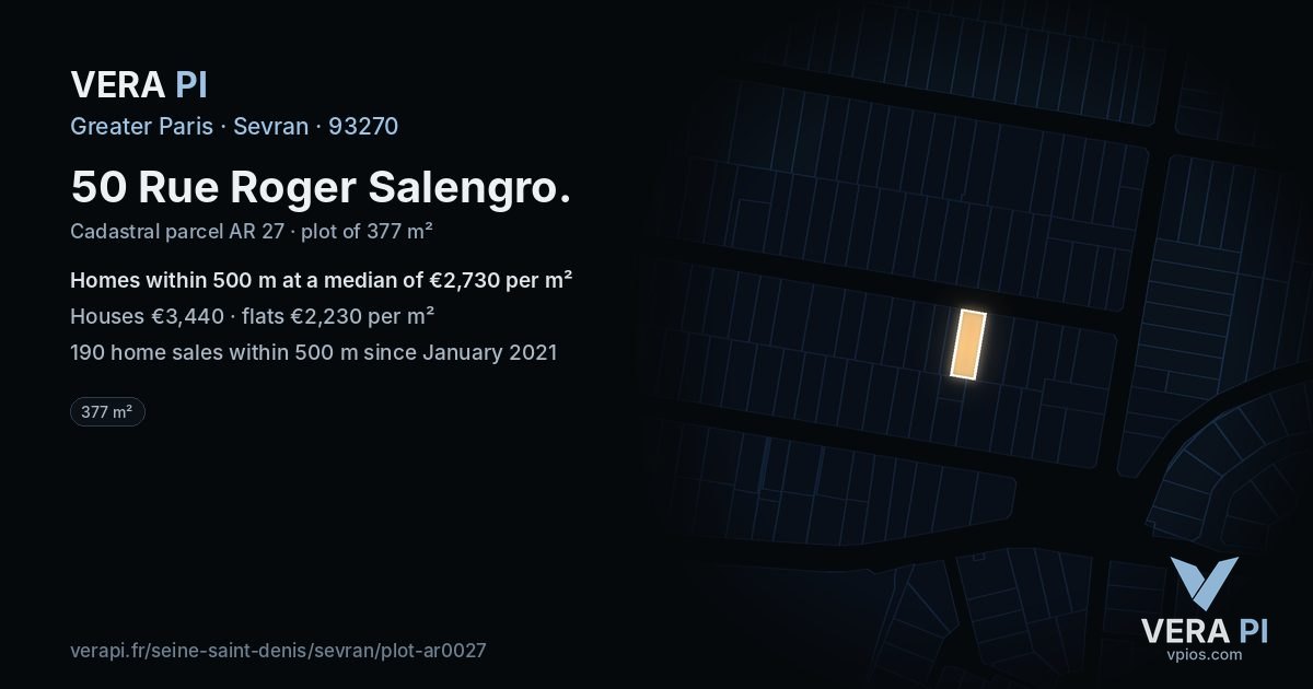 50 Rue Roger Salengro, Sevran at night – the plot lit, the parcels around coloured by the prices near them