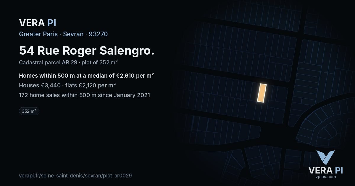 54 Rue Roger Salengro, Sevran at night – the plot lit, the parcels around coloured by the prices near them