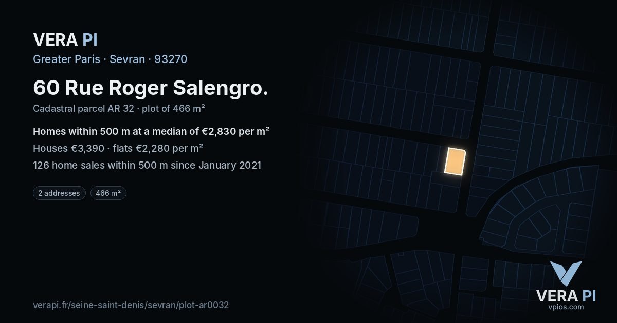 60 Rue Roger Salengro, Sevran at night – the plot lit, the parcels around coloured by the prices near them