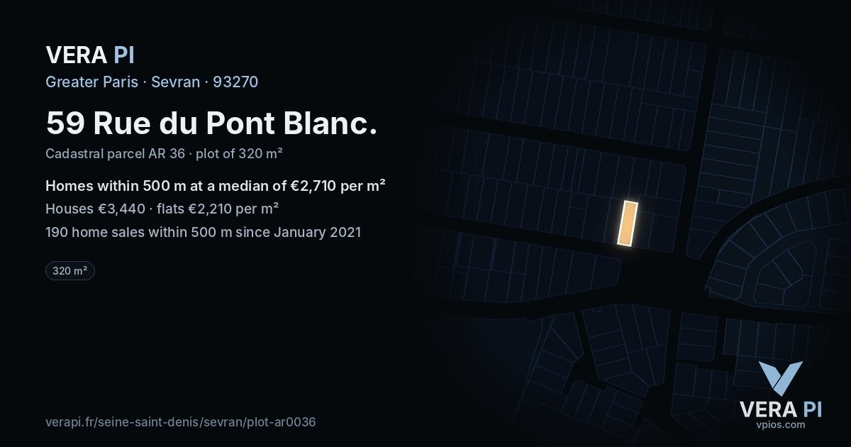 59 Rue du Pont Blanc, Sevran at night – the plot lit, the parcels around coloured by the prices near them