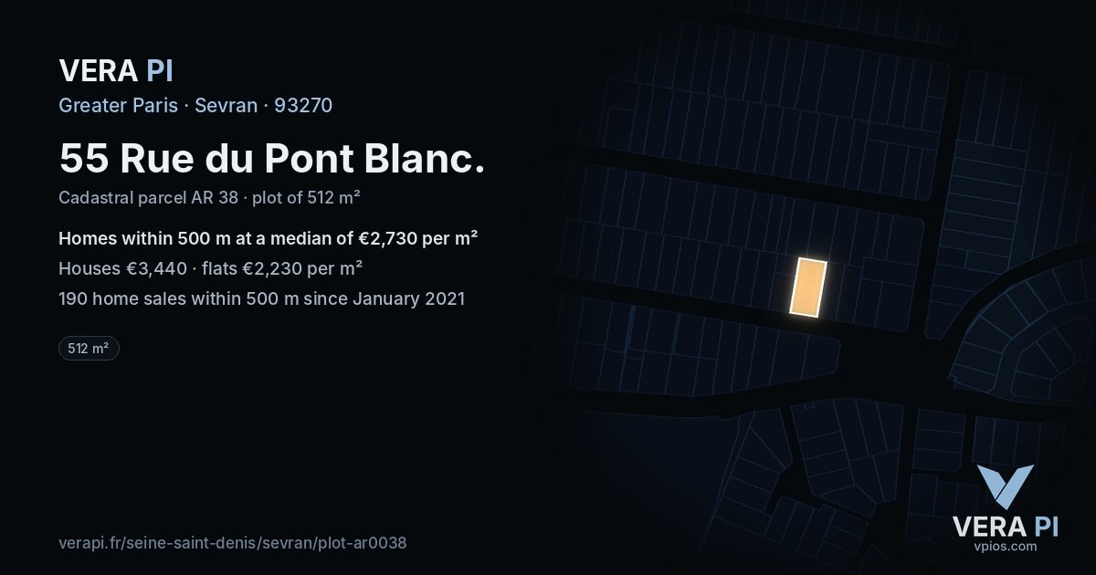 55 Rue du Pont Blanc, Sevran at night – the plot lit, the parcels around coloured by the prices near them