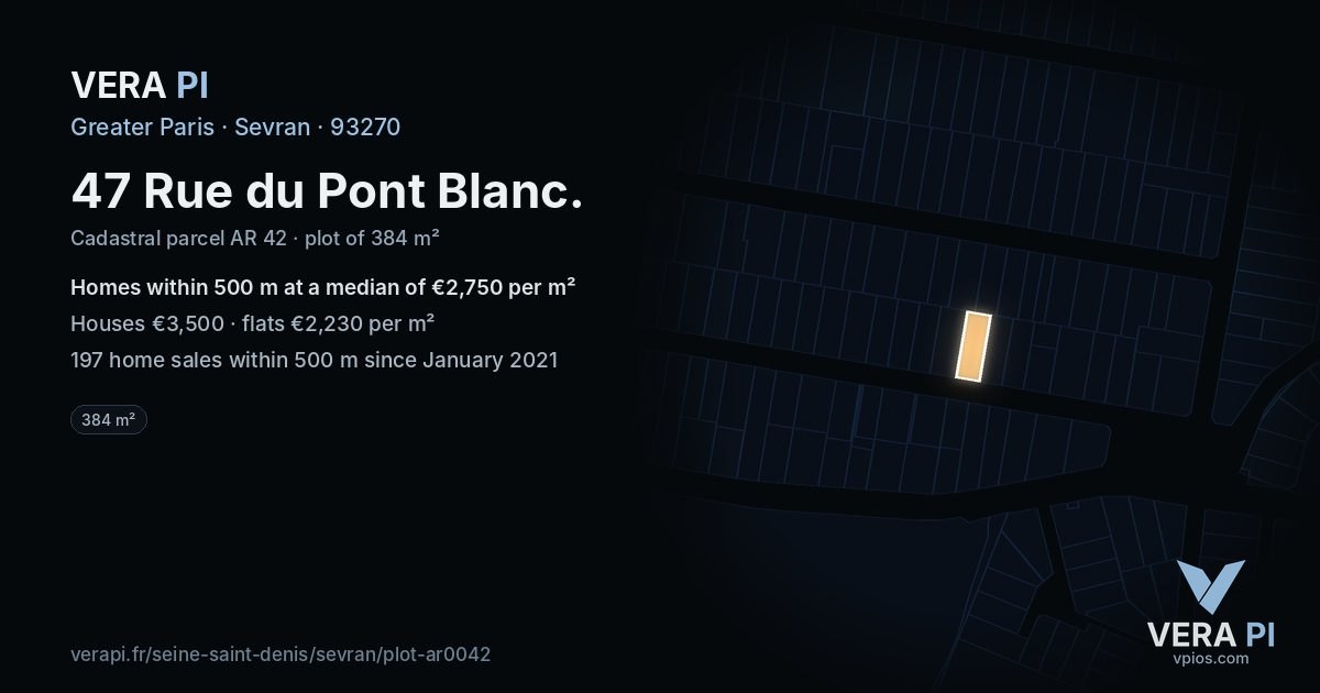 47 Rue du Pont Blanc, Sevran at night – the plot lit, the parcels around coloured by the prices near them