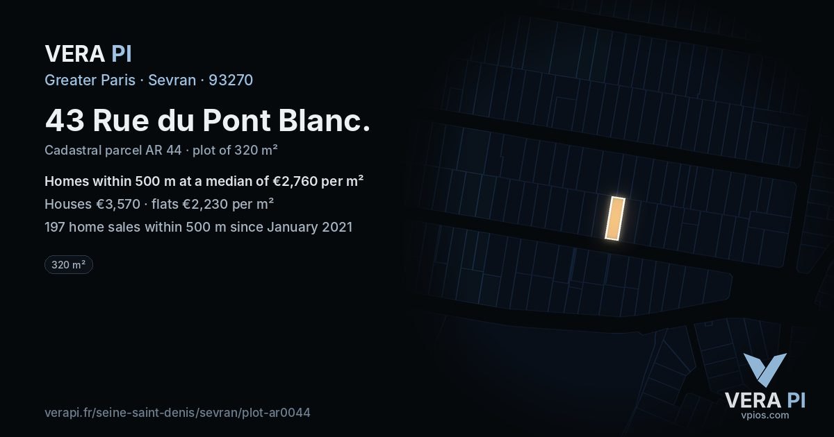 43 Rue du Pont Blanc, Sevran at night – the plot lit, the parcels around coloured by the prices near them