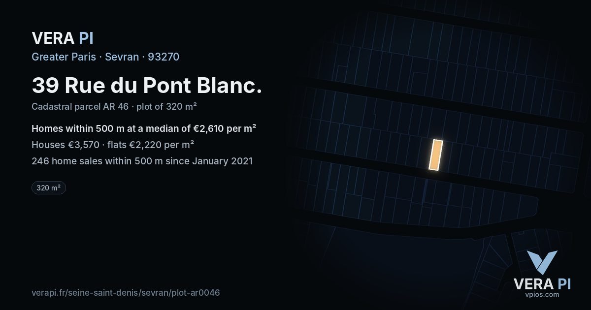 39 Rue du Pont Blanc, Sevran at night – the plot lit, the parcels around coloured by the prices near them