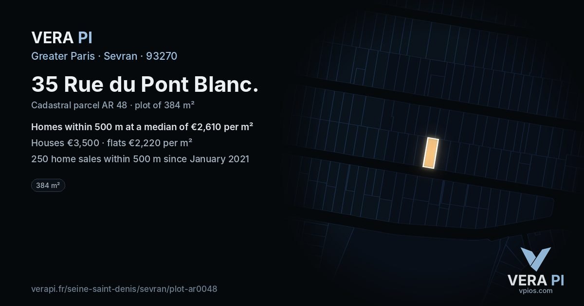 35 Rue du Pont Blanc, Sevran at night – the plot lit, the parcels around coloured by the prices near them
