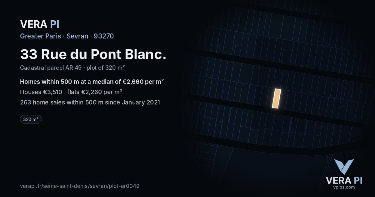 33 Rue du Pont Blanc, Sevran at night – the plot lit, the parcels around coloured by the prices near them