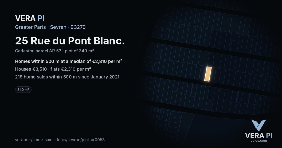 25 Rue du Pont Blanc, Sevran at night – the plot lit, the parcels around coloured by the prices near them