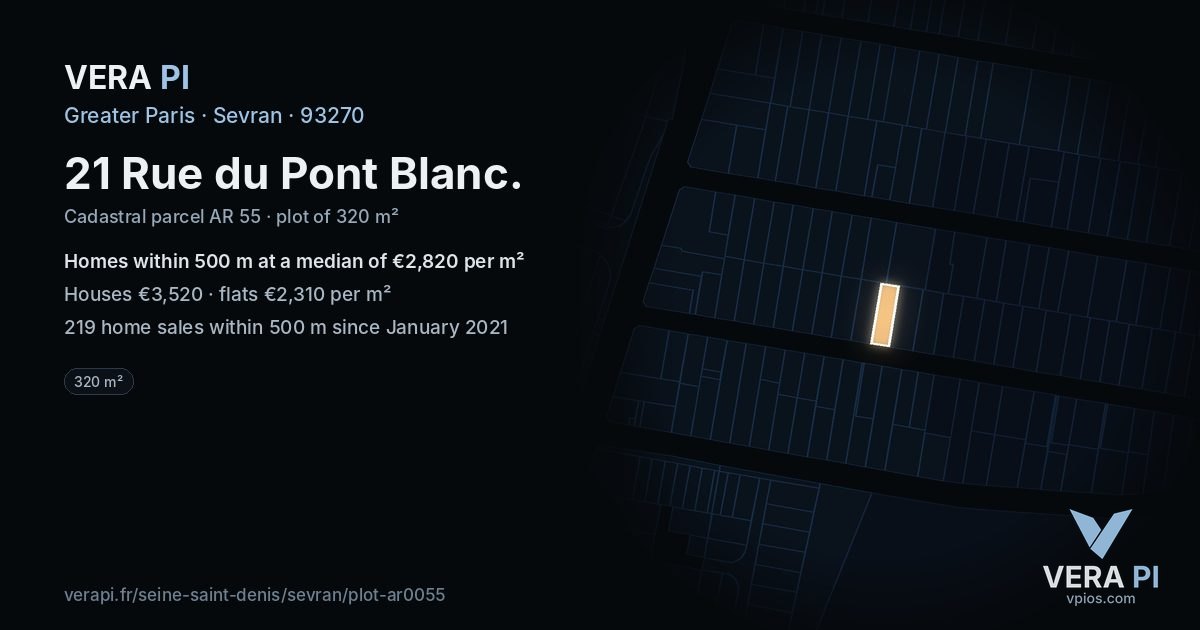 21 Rue du Pont Blanc, Sevran at night – the plot lit, the parcels around coloured by the prices near them