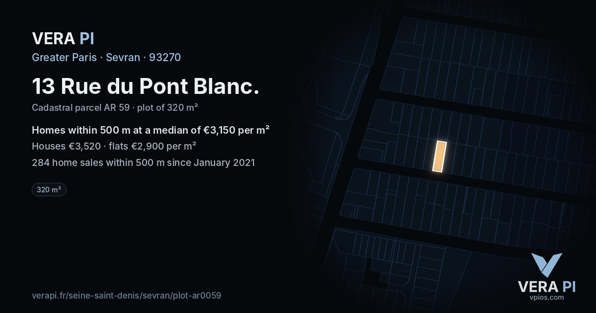 13 Rue du Pont Blanc, Sevran at night – the plot lit, the parcels around coloured by the prices near them