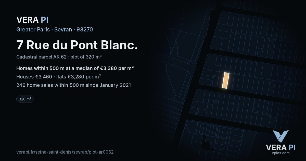 7 Rue du Pont Blanc, Sevran at night – the plot lit, the parcels around coloured by the prices near them