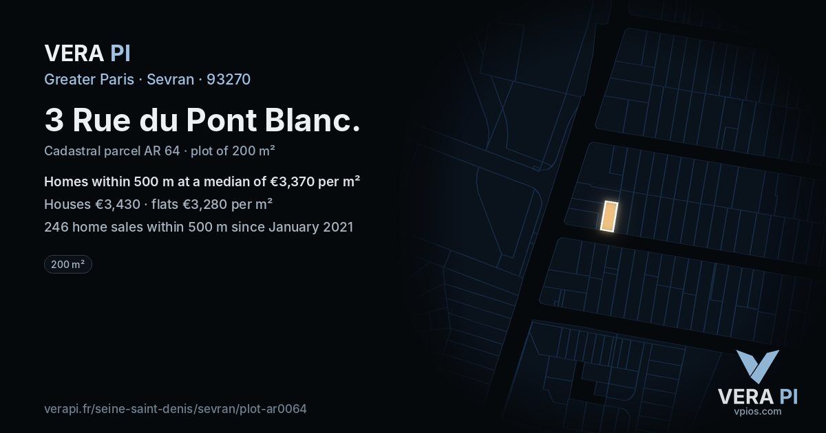 3 Rue du Pont Blanc, Sevran at night – the plot lit, the parcels around coloured by the prices near them
