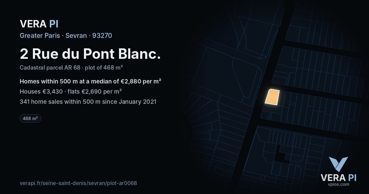 2 Rue du Pont Blanc, Sevran at night – the plot lit, the parcels around coloured by the prices near them