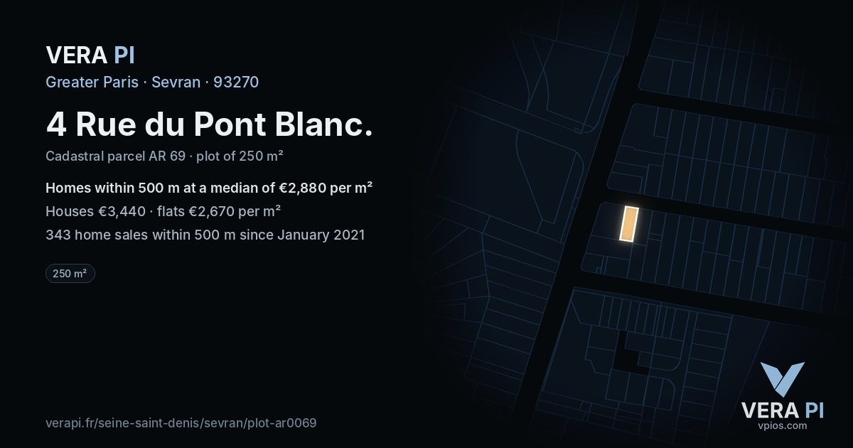 4 Rue du Pont Blanc, Sevran at night – the plot lit, the parcels around coloured by the prices near them