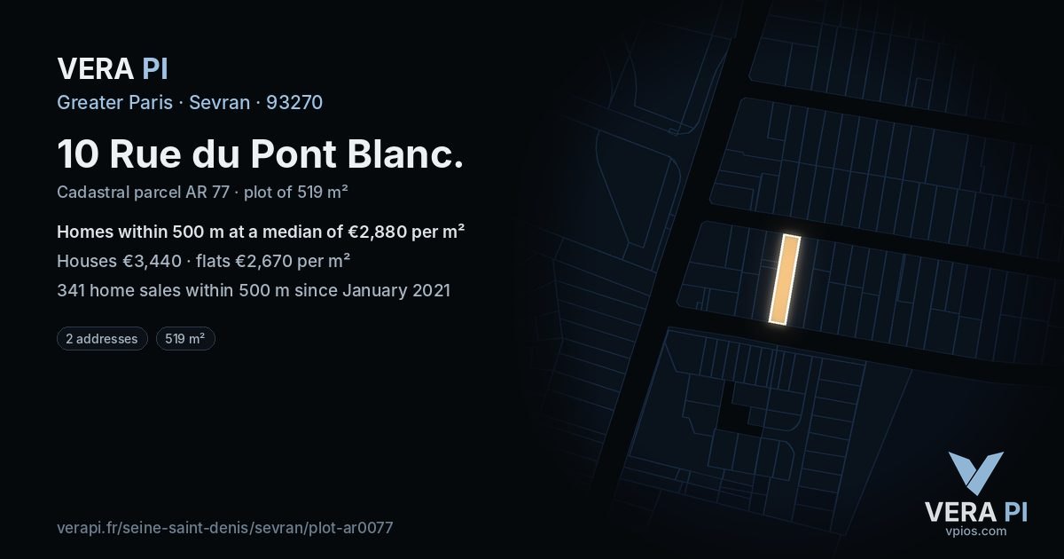 10 Rue du Pont Blanc, Sevran at night – the plot lit, the parcels around coloured by the prices near them