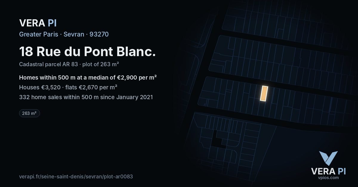 18 Rue du Pont Blanc, Sevran at night – the plot lit, the parcels around coloured by the prices near them