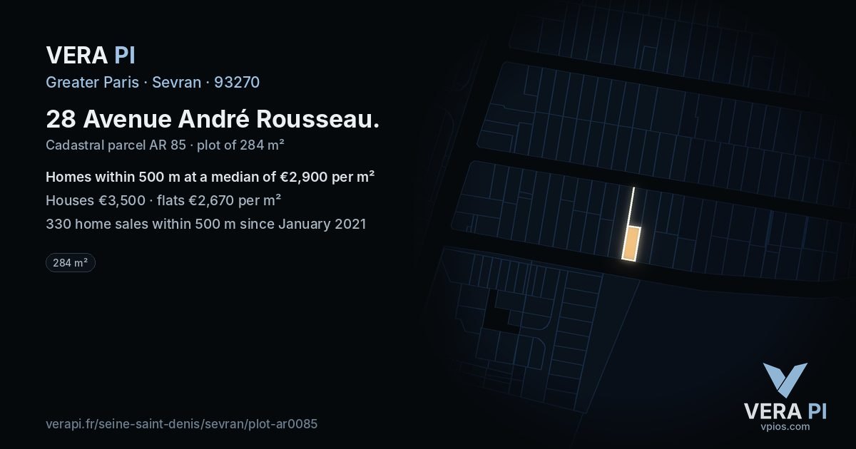 28 Avenue André Rousseau, Sevran at night – the plot lit, the parcels around coloured by the prices near them