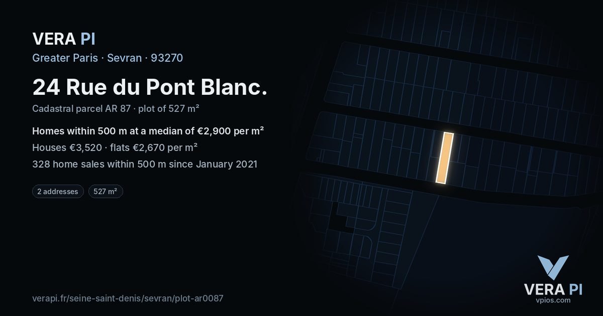 24 Rue du Pont Blanc, Sevran at night – the plot lit, the parcels around coloured by the prices near them