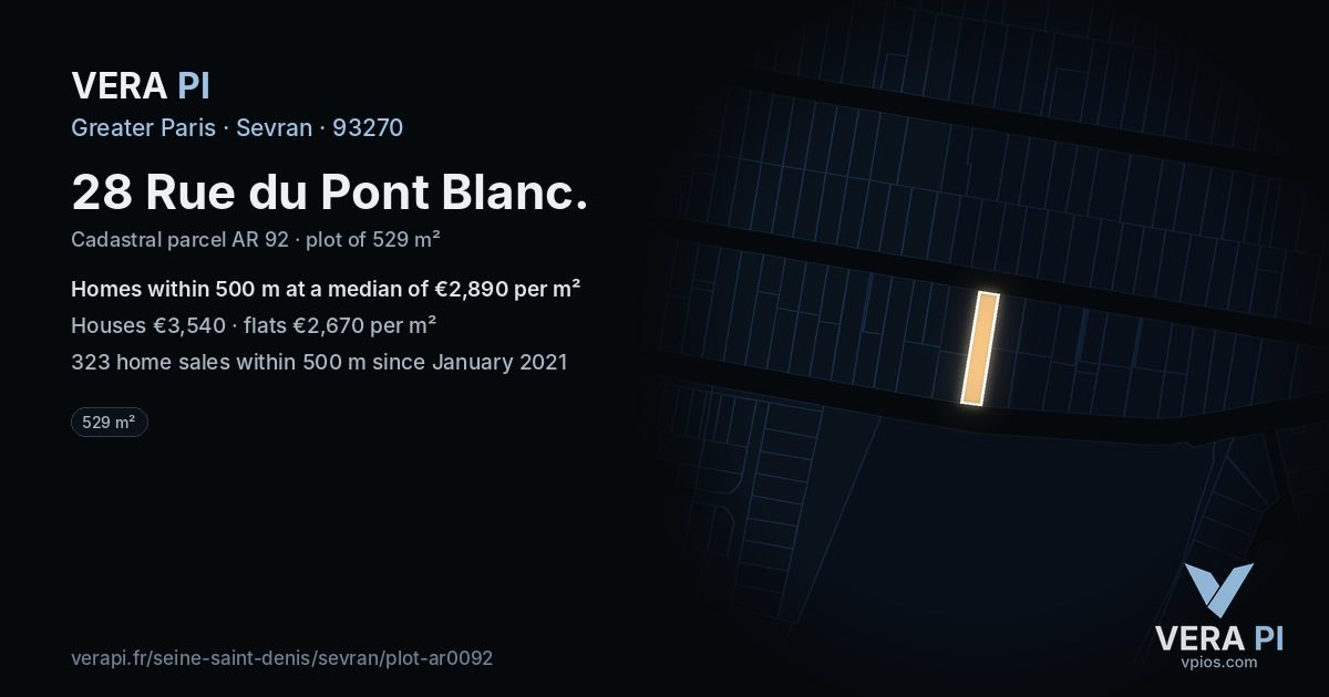 28 Rue du Pont Blanc, Sevran at night – the plot lit, the parcels around coloured by the prices near them