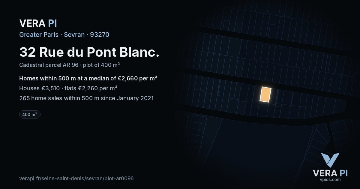 32 Rue du Pont Blanc, Sevran at night – the plot lit, the parcels around coloured by the prices near them