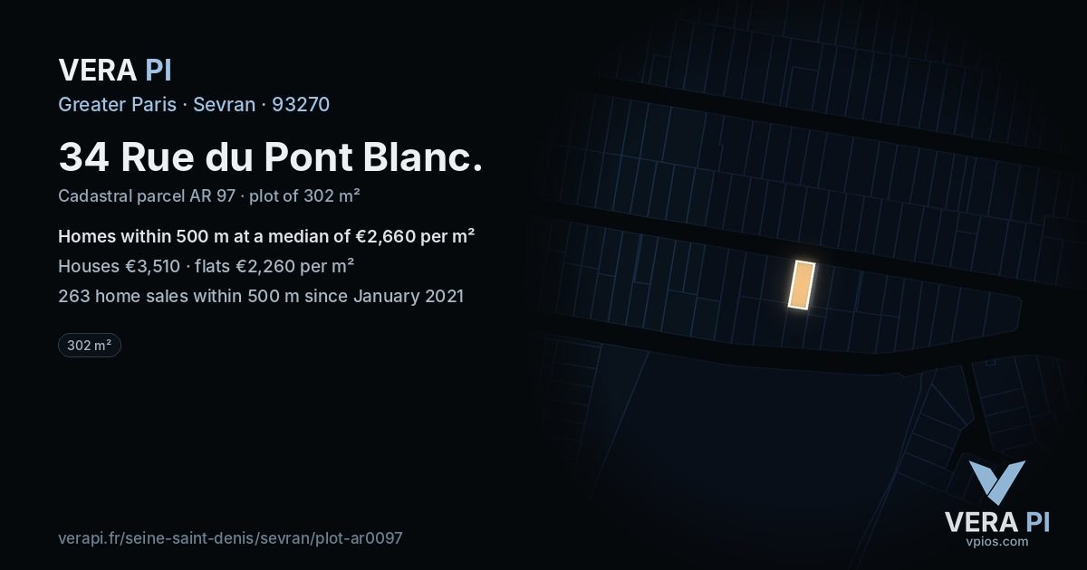 34 Rue du Pont Blanc, Sevran at night – the plot lit, the parcels around coloured by the prices near them