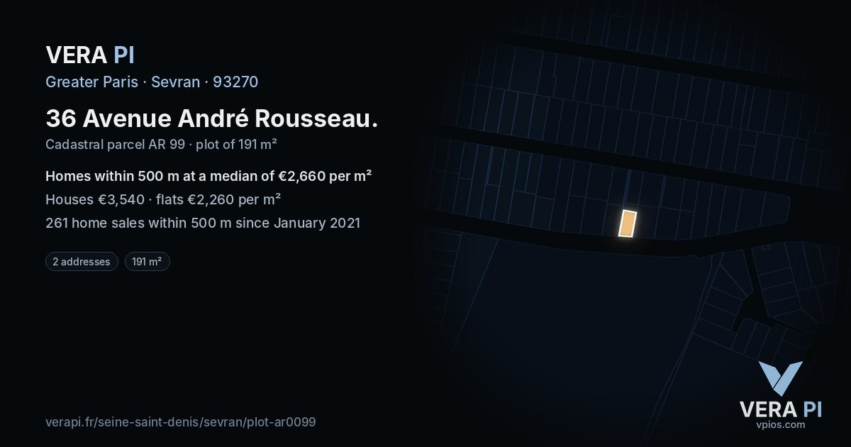 36 Avenue André Rousseau, Sevran at night – the plot lit, the parcels around coloured by the prices near them