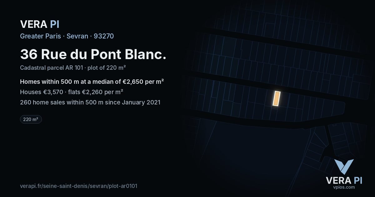 36 Rue du Pont Blanc, Sevran at night – the plot lit, the parcels around coloured by the prices near them