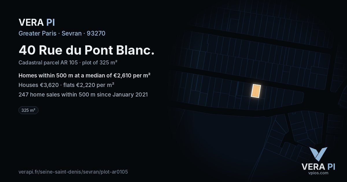 40 Rue du Pont Blanc, Sevran at night – the plot lit, the parcels around coloured by the prices near them