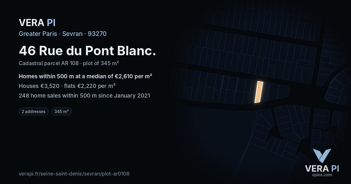 46 Rue du Pont Blanc, Sevran at night – the plot lit, the parcels around coloured by the prices near them
