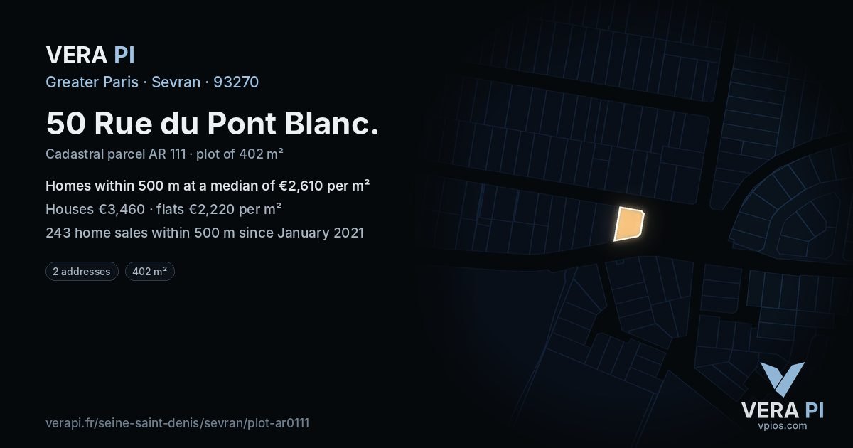 50 Rue du Pont Blanc, Sevran at night – the plot lit, the parcels around coloured by the prices near them