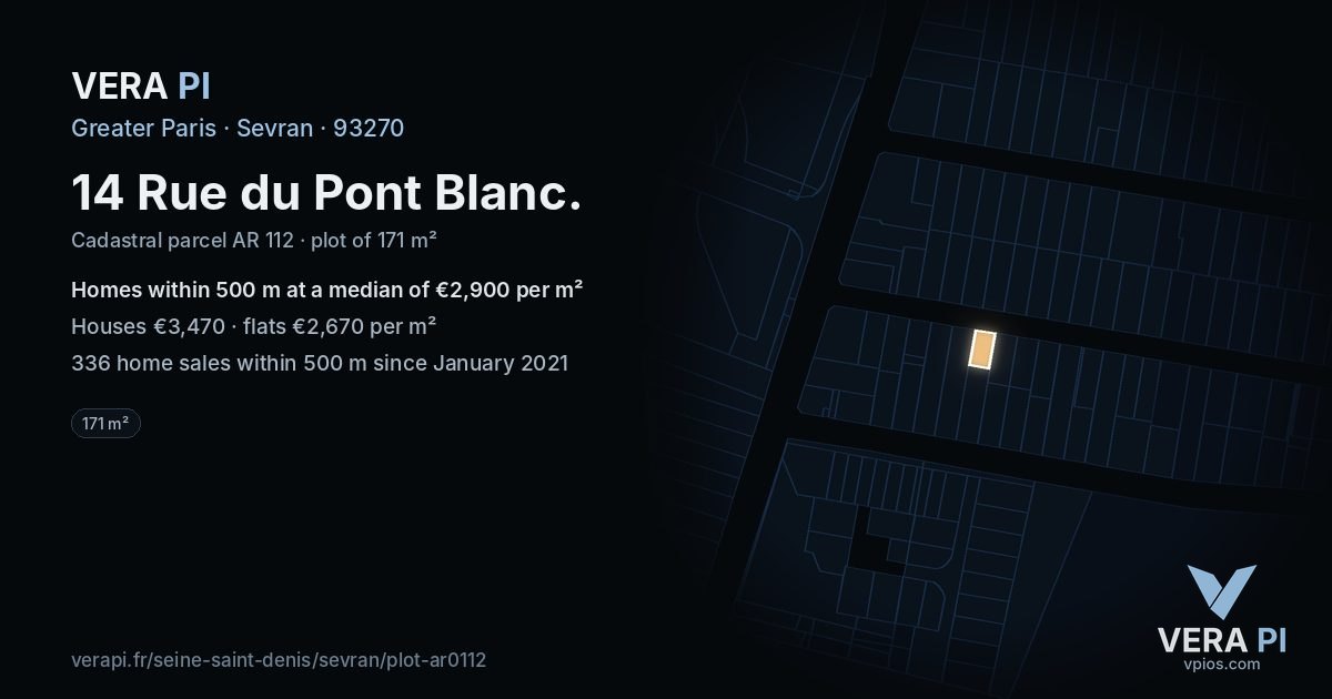 14 Rue du Pont Blanc, Sevran at night – the plot lit, the parcels around coloured by the prices near them