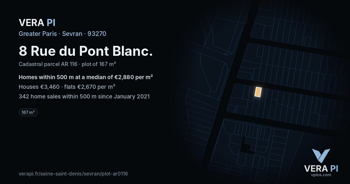 8 Rue du Pont Blanc, Sevran at night – the plot lit, the parcels around coloured by the prices near them