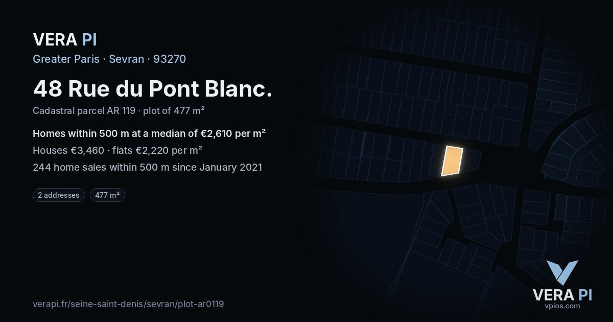 48 Rue du Pont Blanc, Sevran at night – the plot lit, the parcels around coloured by the prices near them