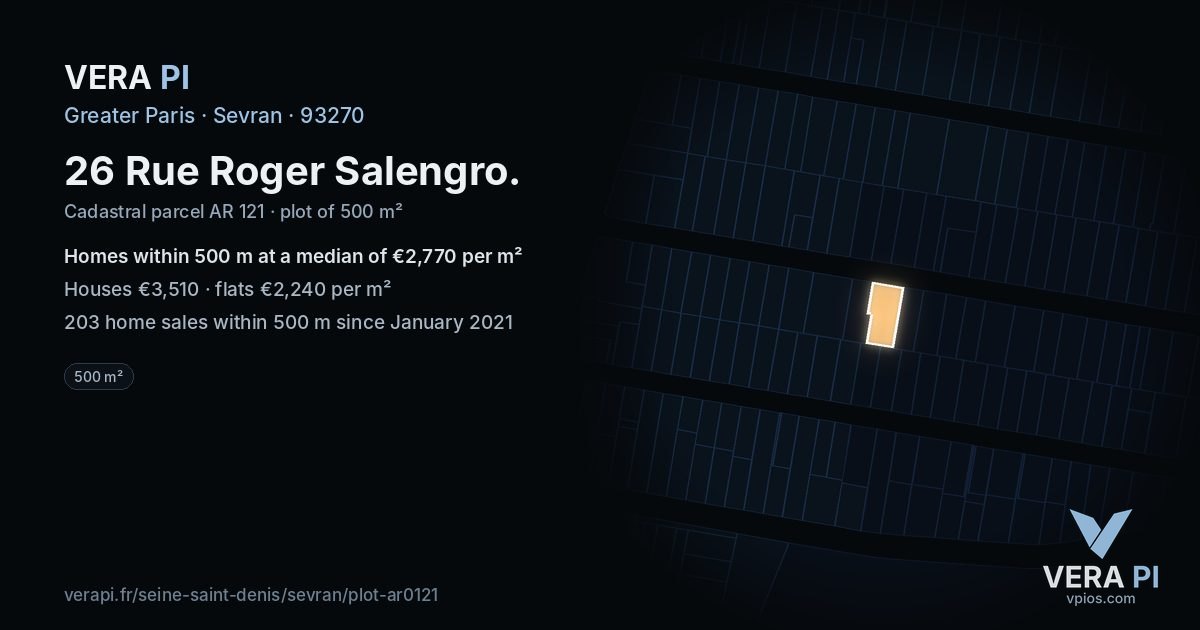 26 Rue Roger Salengro, Sevran at night – the plot lit, the parcels around coloured by the prices near them